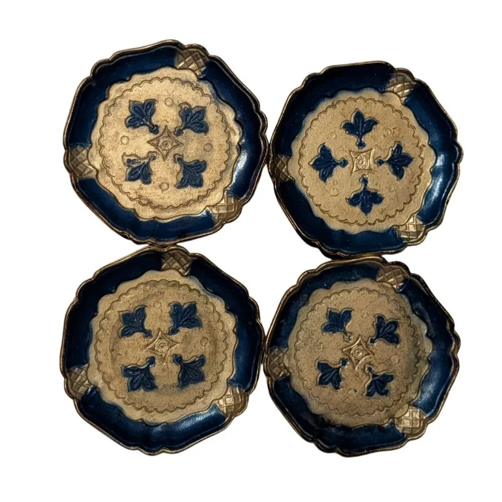 Italian Florentine Blue Gold Resin Coasters Trinket Dishes Set Of 4 4-Inch Round - Picture 10 of 16